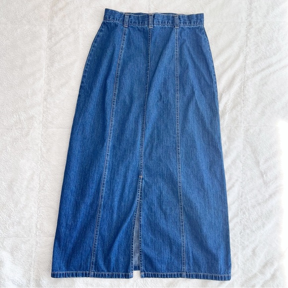 💗 Vintage Blue Denim Jean High Waist Midi Skirt with Slit Women’s size 10 - Picture 2 of 11